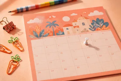Pastel Coral Calendar Flat Lay with Pin