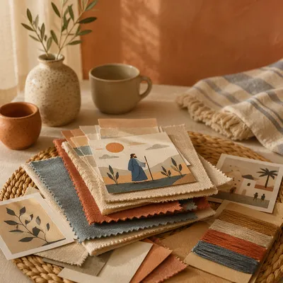 Warm Folk Art Fabric Moodboard Tabletop