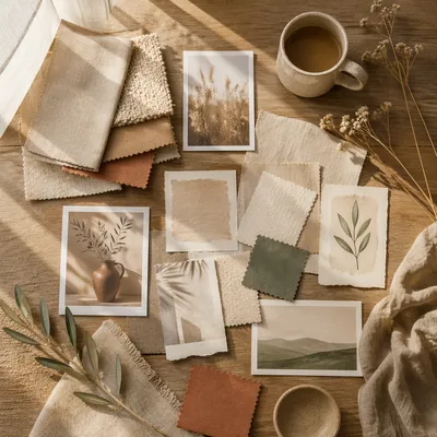 Creative Moodboard Flat Lay on Oak Table