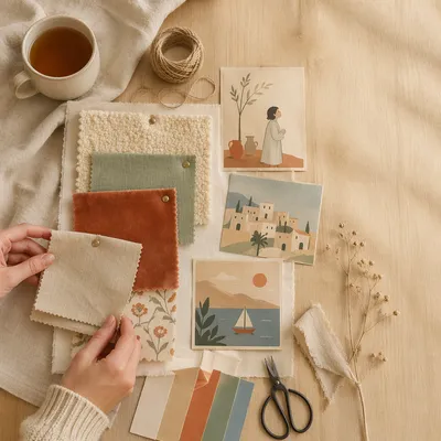 Creative Fabric Moodboard on Oak Table