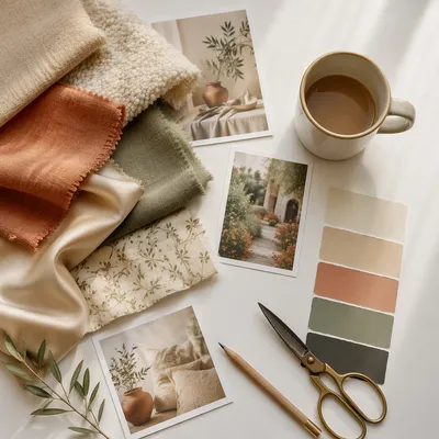 Creative Moodboard with Fabric Swatches Flat Lay