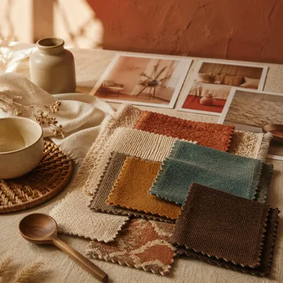 Earthy Fabric Swatch Moodboard on Table