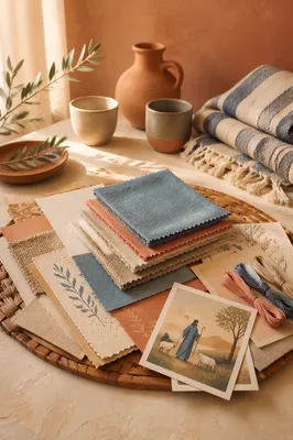 Warm Folk Art Fabric Moodboard Tabletop