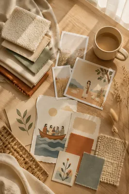Neutral Fabric Moodboard on Oak Table