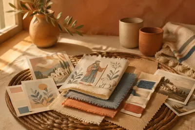Warm Folk Art Fabric Moodboard Tabletop