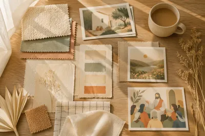 Neutral Fabric Moodboard on Oak Table