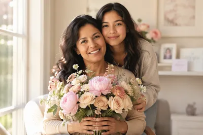 Mother and Daughter with Pastel Bouquet
