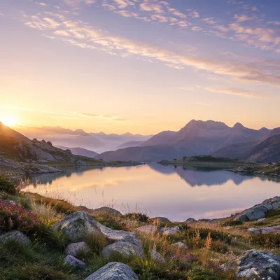 Panoramic Mountain Lake at Sunrise