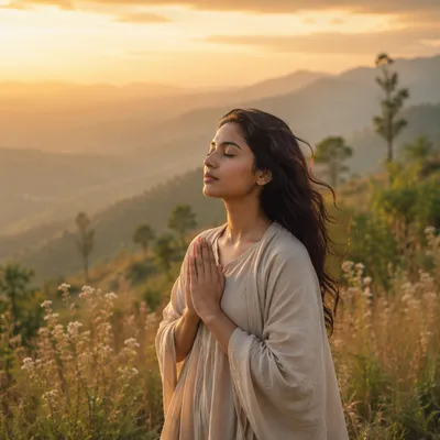 Young Woman Praying on Grassy Hillside