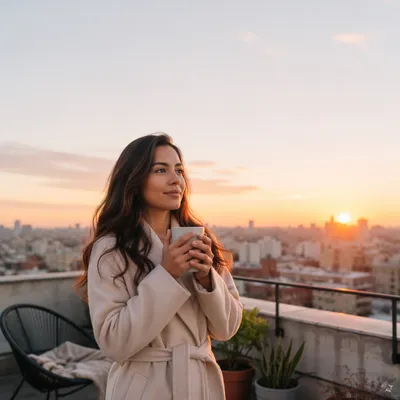 Young Woman on Rooftop at Sunrise