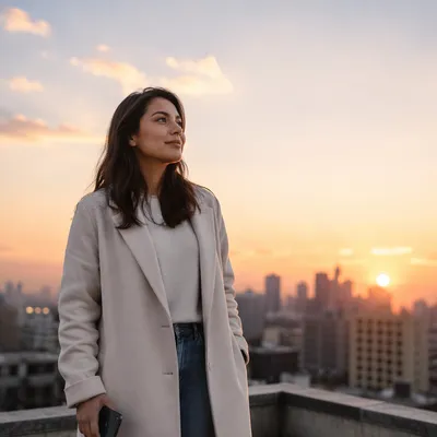 Hopeful Woman on Rooftop at Sunrise