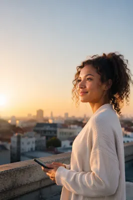 Young Woman on Rooftop at Sunrise
