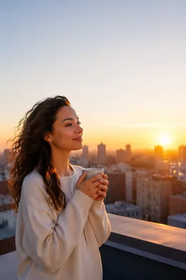 Young Woman on Rooftop at Sunrise