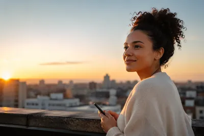 Young Woman on Rooftop at Sunrise
