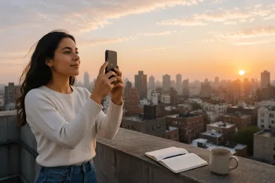 Woman on Urban Rooftop at Sunrise