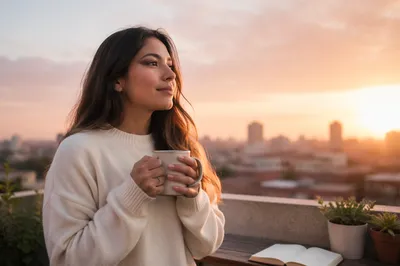 Young Woman on Rooftop at Sunrise