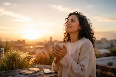 Woman with Mug on Sunrise Rooftop