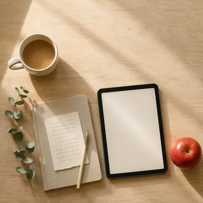 Overhead Tablet Desk with Red Apple