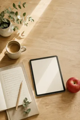 Overhead Desk Flat Lay with Tablet and Apple