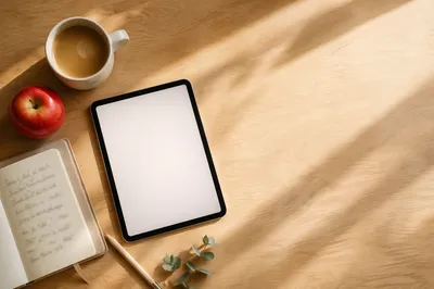 Overhead Desk Flat Lay with Tablet and Apple