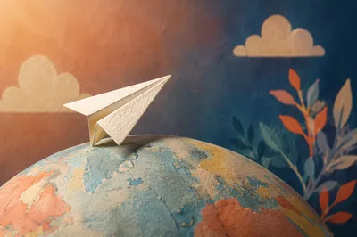 Paper Airplane Launching From Dreamy Globe