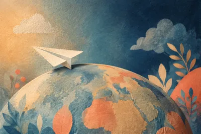 Paper Airplane on Dreamy Gradient Globe