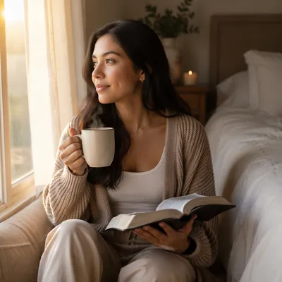 Woman with Coffee and Open Bible