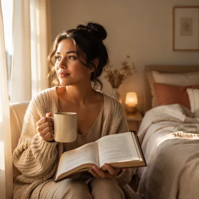Young Woman with Coffee and Open Bible