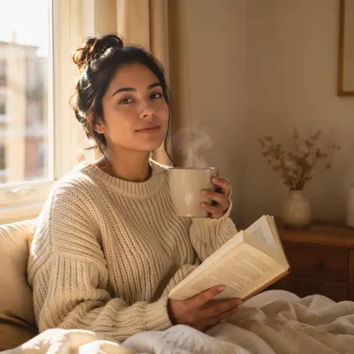 Young Woman Reading by Sunlit Window