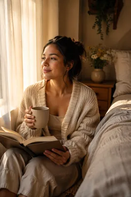 Woman With Coffee and Bible by Window