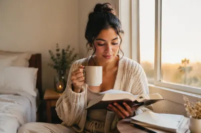 Woman Reading Bible With Morning Coffee