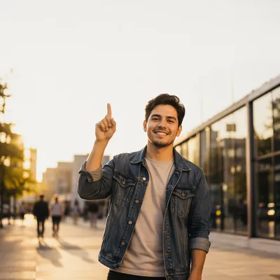 Young Man Pointing Up on City Sidewalk