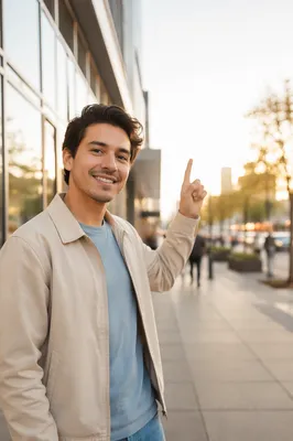 Young Man Pointing Up on City Sidewalk