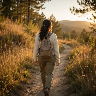 Woman Walking Meadow Path at Golden Hour