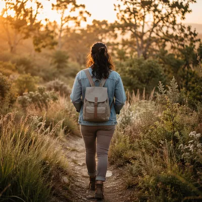 Woman Walking Along Meadow Path