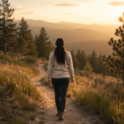 Woman Walking Along Meadow Path