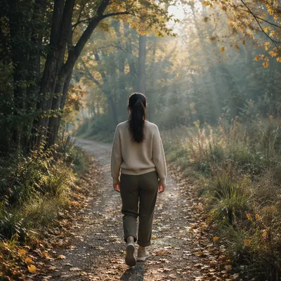 Woman Walking Along Misty Woodland Path