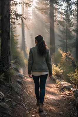 Woman Walking Along Misty Forest Path