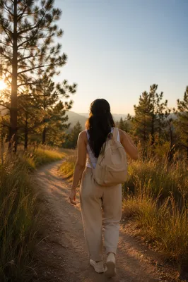Woman Walking Meadow Path at Golden Hour