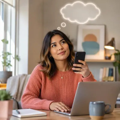 Thoughtful Woman at Desk with Phone