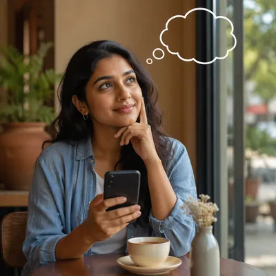 Young Woman with Thought Bubble at Cafe