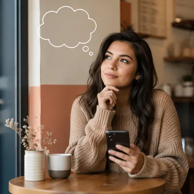 Thoughtful Woman with Phone at Cafe