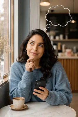 Thoughtful Woman With Phone in Cafe