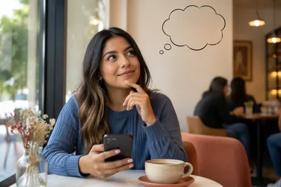 Thoughtful Woman with Smartphone in Cafe