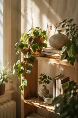 Sunlit Plant Shelf with Books and Ceramics
