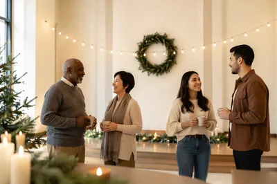 Modern Winter Community Hall Gathering Scene
