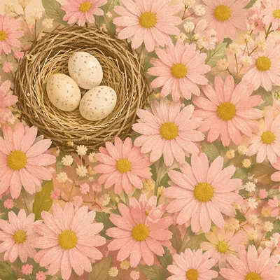 Pastel Spring Flowers with Rustic Easter Nest