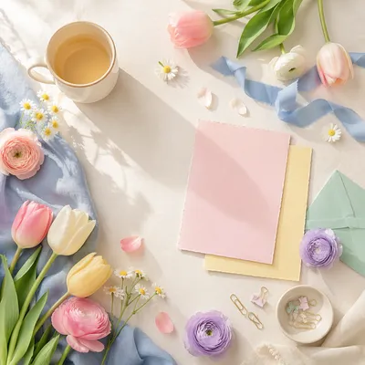 Spring Flowers Flat Lay with Pastels