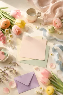 Spring Flowers and Pastel Flat Lay