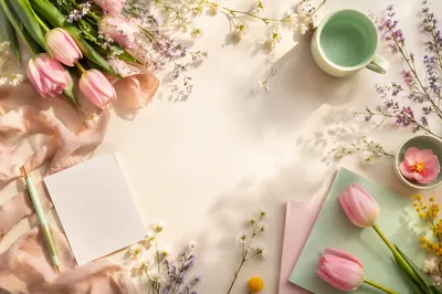 Spring Flowers and Pastel Flat Lay